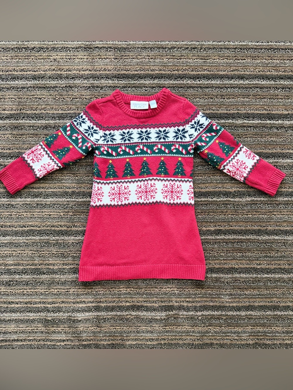 The Children's Place Red Holiday Knit Sweater Dress with Green Tree Pattern